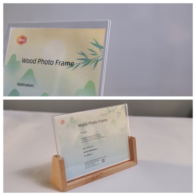 মসৃণ কাঠের বেস সহ ক্রিস্টাল ক্লিয়ার কাস্টমাইজযোগ্য উল্লম্ব ফটো ফ্রেম